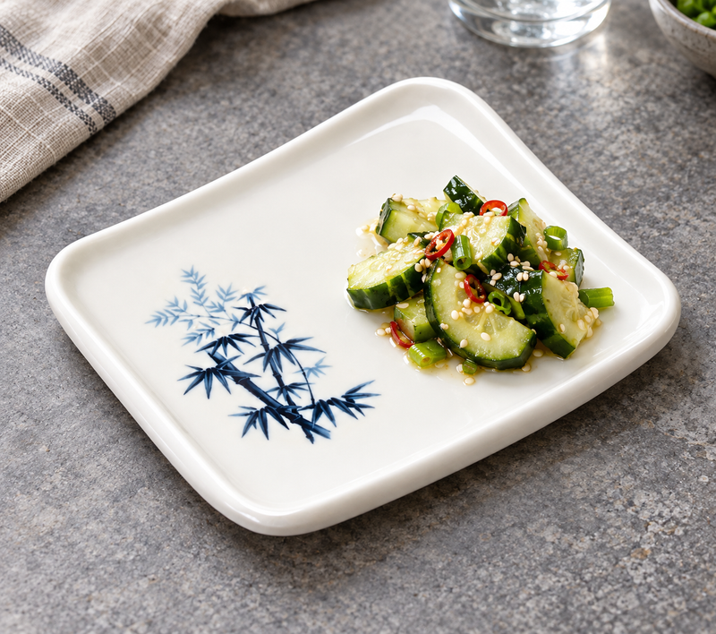 Cucumber salad on a blue bamboo melamine rectangular side plate