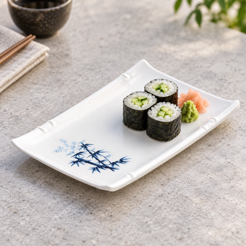 Cucumber sushi rolls on the blue bamboo melamine rectangular plate