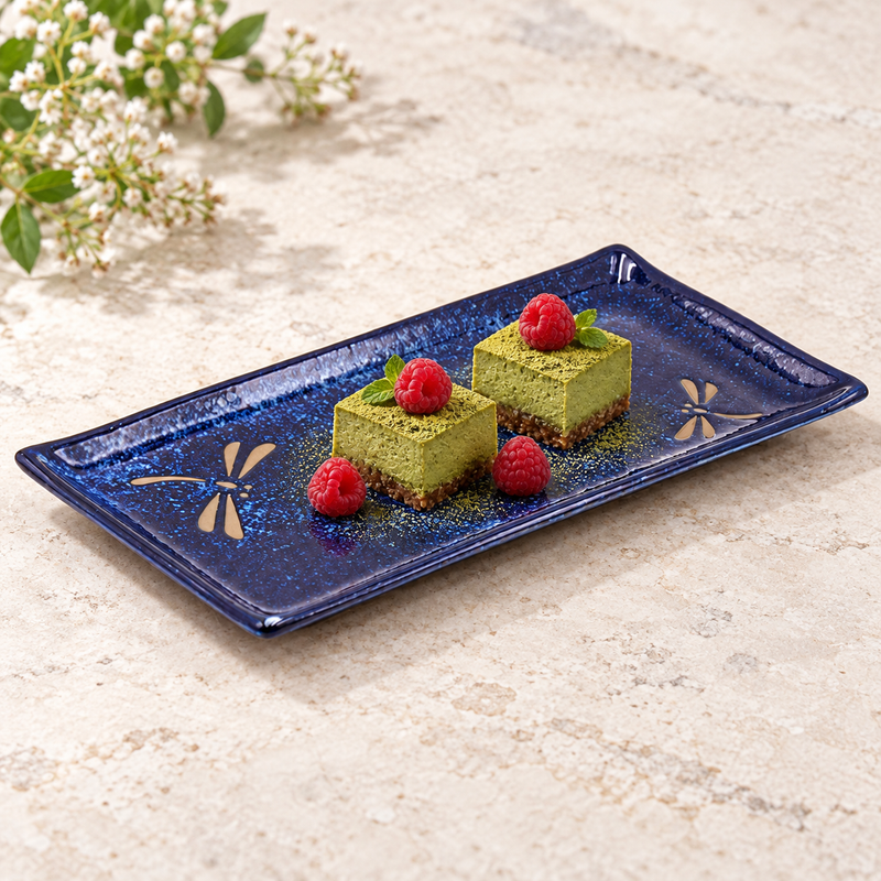 BD211-N navy Dragonfly rectangular ceramic plate with two matcha dessert squares and raspberries