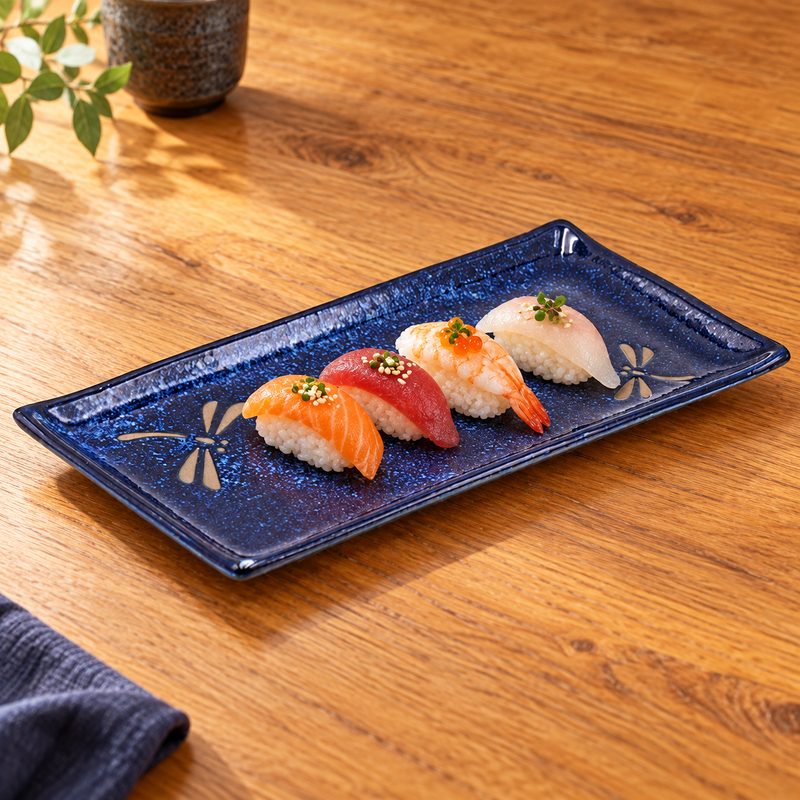 BD211-N navy Dragonfly rectangular ceramic plate with four nigiri sushi pieces