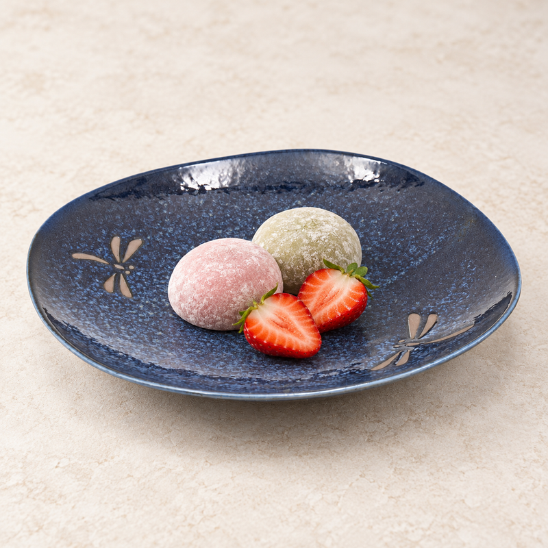 BD28-N navy Dragonfly ceramic plate with two mochi and strawberry halves
