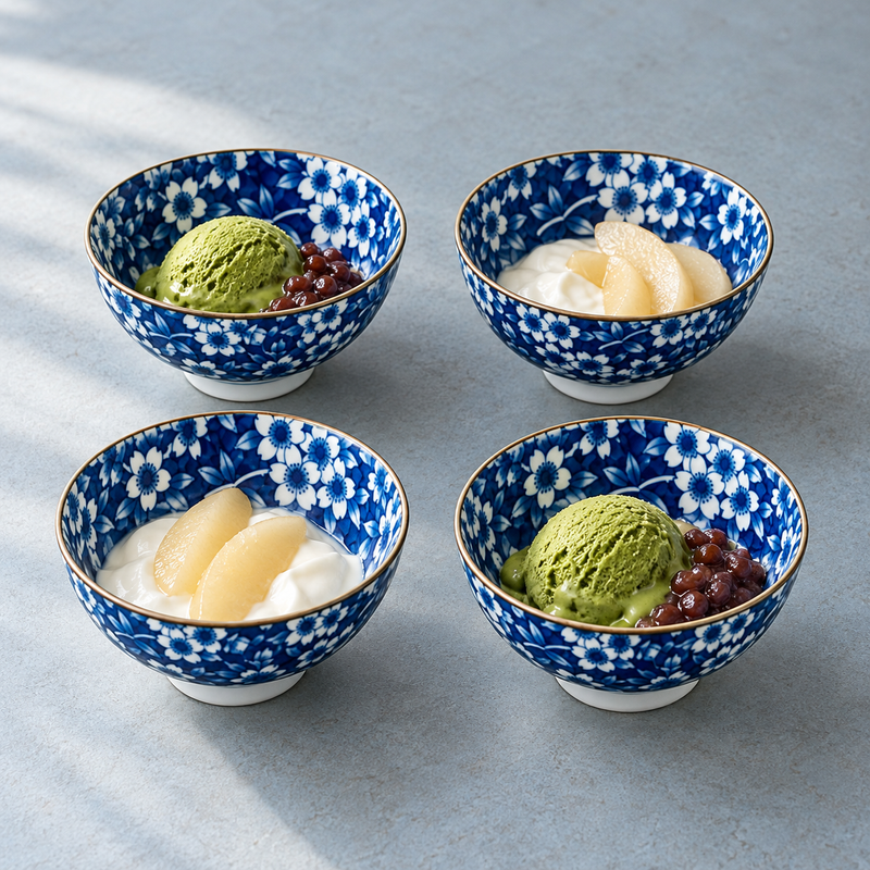 4.65″ Blue & White Cherry Blossom Ceramic Bowl Set, 4-Piece