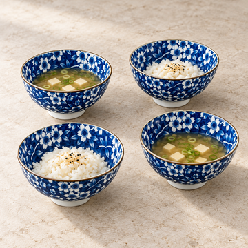4.65″ Blue & White Cherry Blossom Ceramic Bowl Set, 4-Piece, Set in savory service