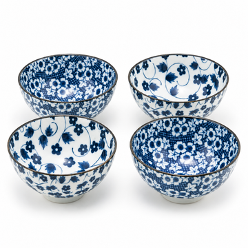 4.65″ Blue & White Floral Ceramic Bowl Set, 4-Piece, Complete set without gift box