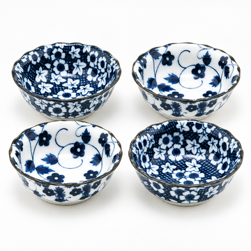 3½″ Blue & White Ceramic Small Bowl Set, 4-Piece, Complete set without gift box