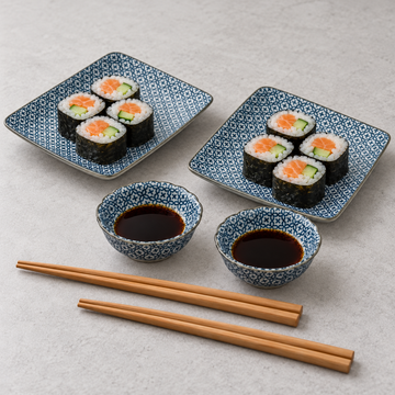 Blue & White Floral Plate & Bowl Set with Chopsticks, 6-Piece, Serving example