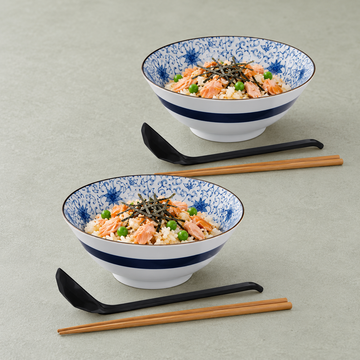 7¾″ Blue & White Arabesque Bowl Set with Ladles & Chopsticks, Styled view