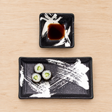 BH90-BW rectangular plate with cucumber maki and matching square dish with soy sauce