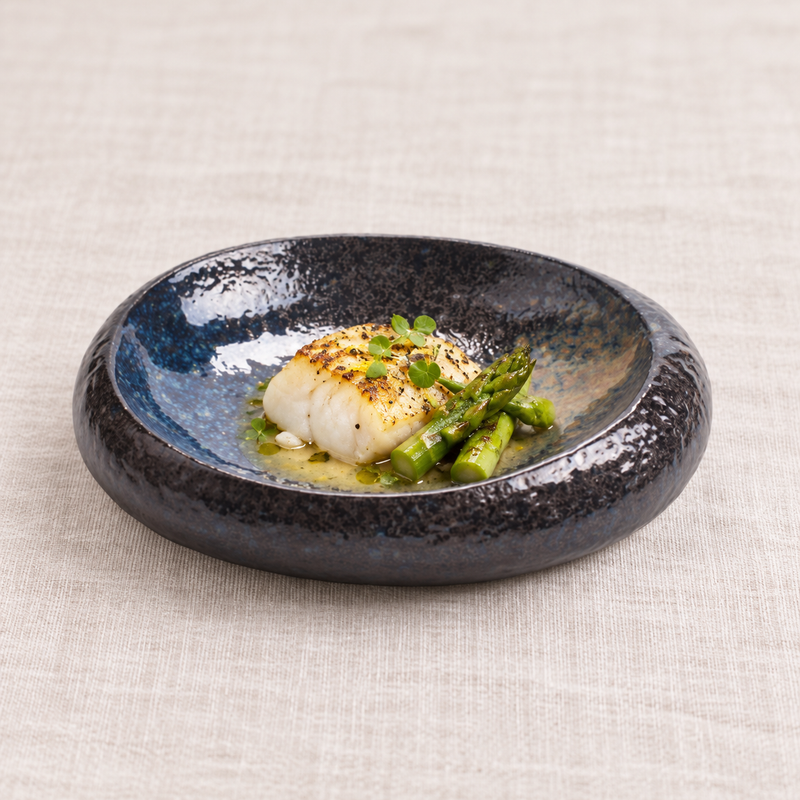 BK-3026 oval bowl with a small fish and asparagus serving
