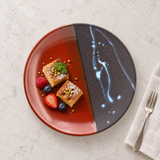 BN292-B ceramic round plate with cake and berries, overhead view