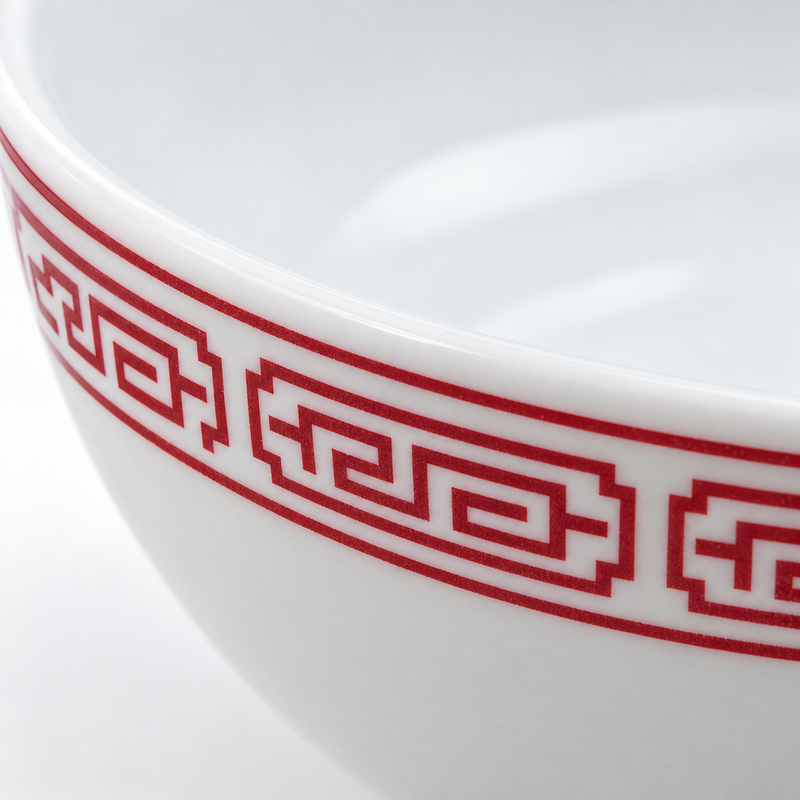 Red Gate geometric border on the white 105-64 porcelain bowl