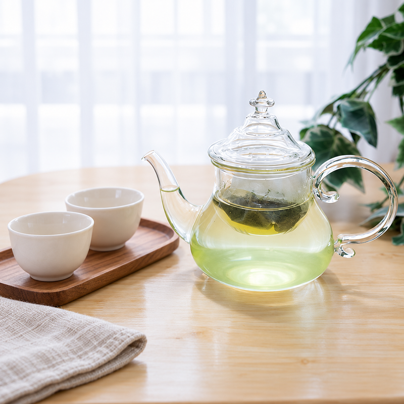 A BT4 filter bag steeping in a separate glass teapot beside two cups on a tray