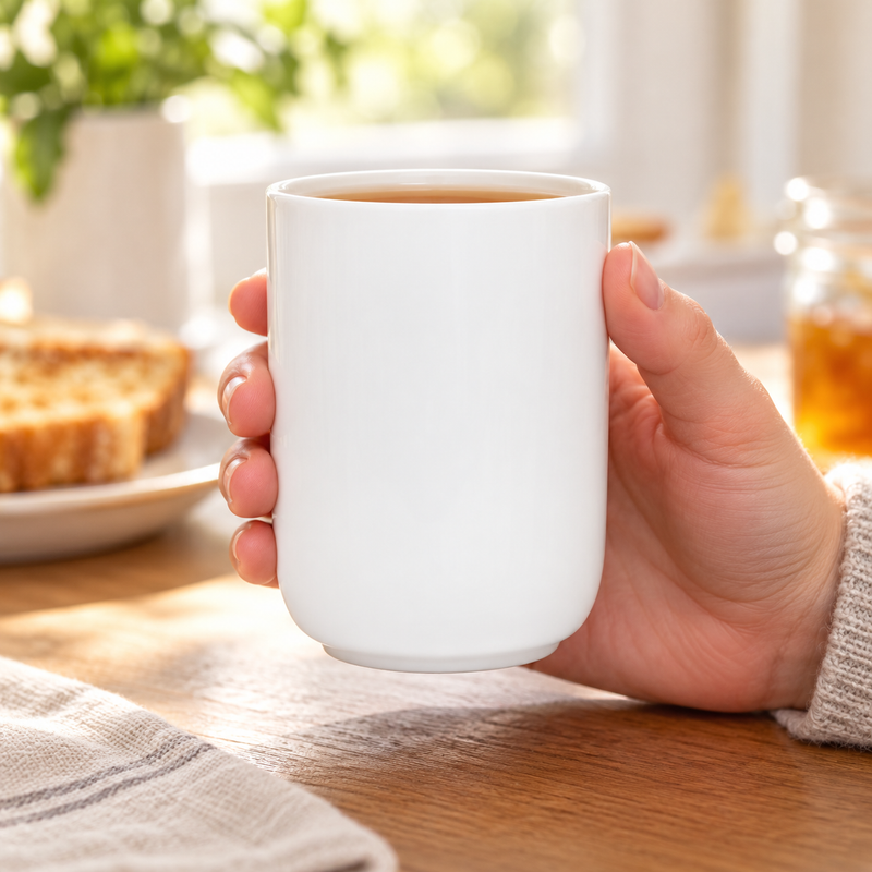 White ceramic teacup held at breakfast