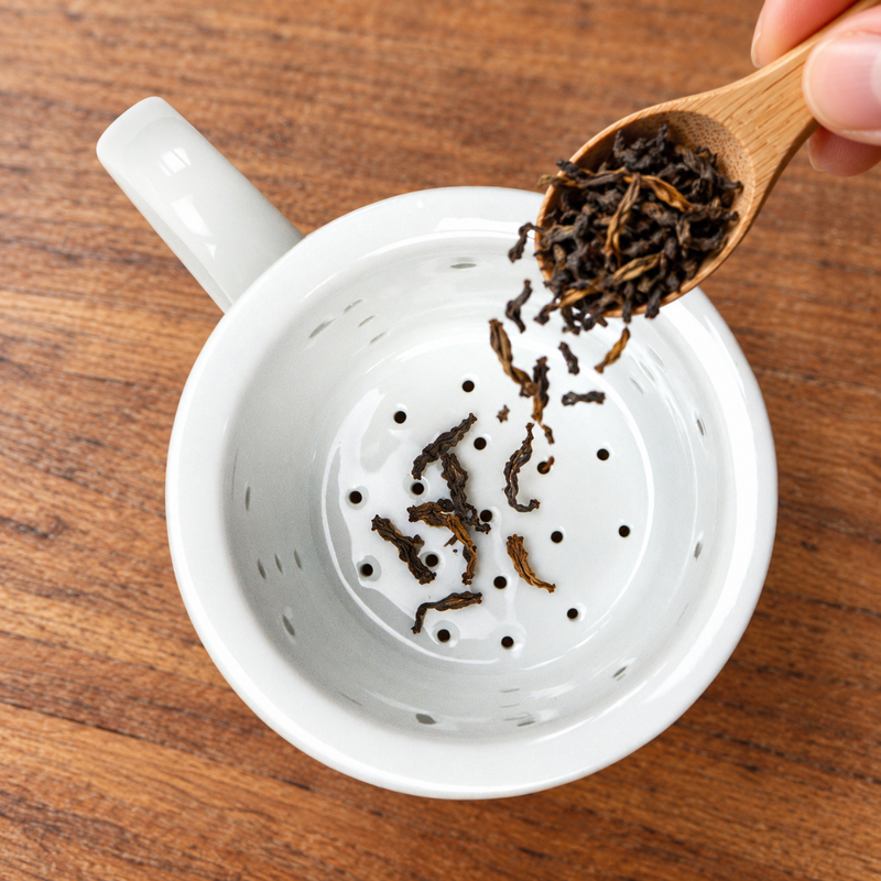 Loose tea added to the mug's white perforated porcelain strainer