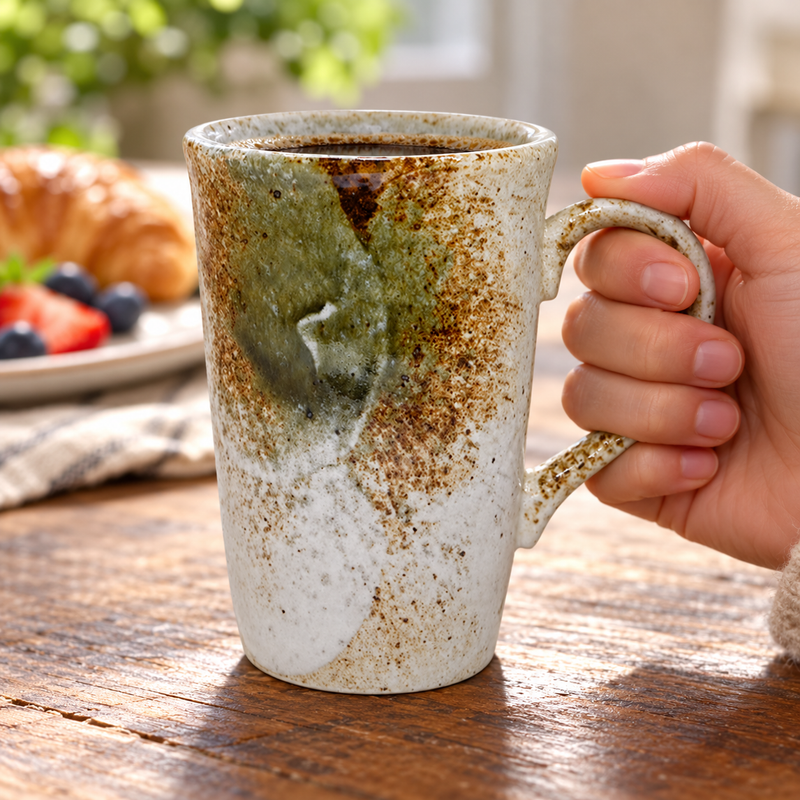 Mottled green and brown ceramic mug held at breakfast