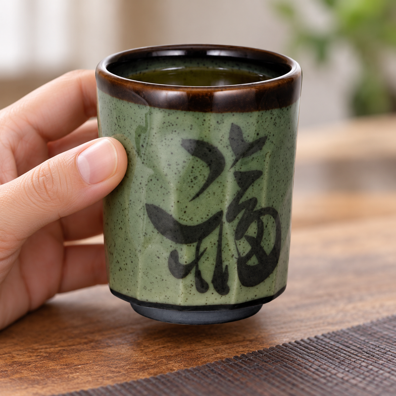 Green calligraphy teacup held during tea service