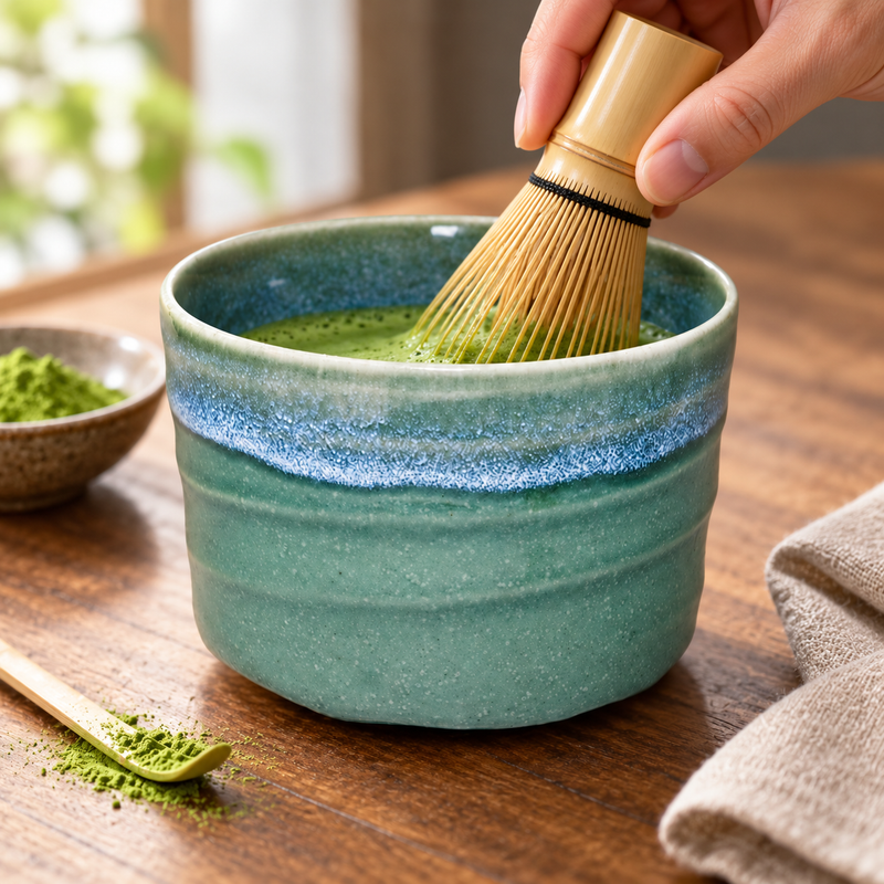 Matcha whisked in the green ceramic bowl with blue band; whisk is a styling prop