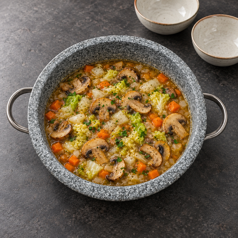 DH-STPD24 gray stone casserole with a finished mushroom and vegetable stew
