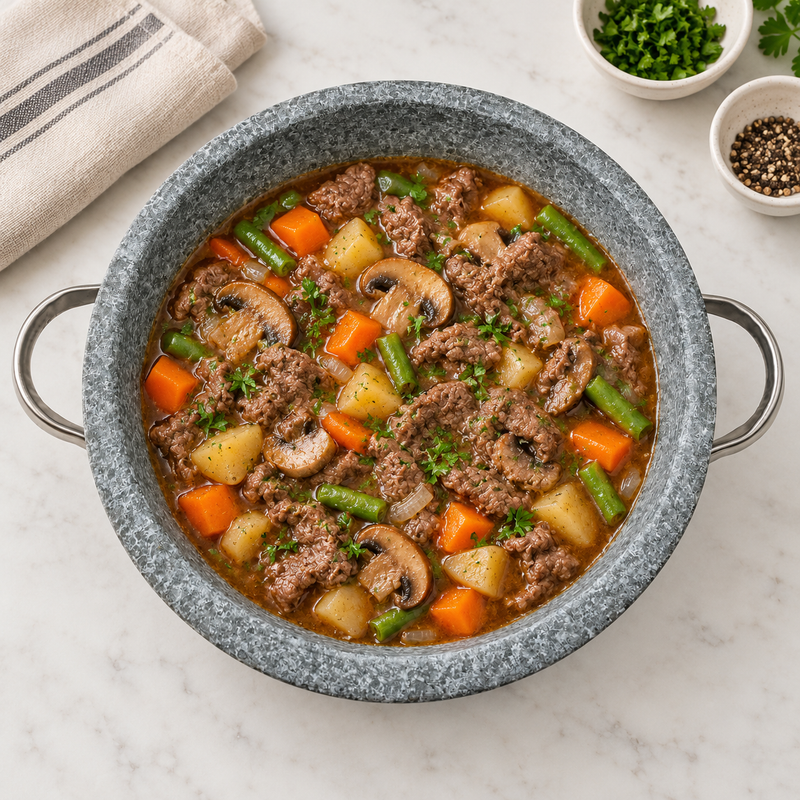DH-STPD28 gray stone casserole with a finished beef and vegetable stew