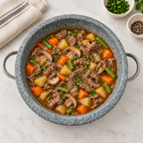 DH-STPD28 gray stone casserole with a finished beef and vegetable stew