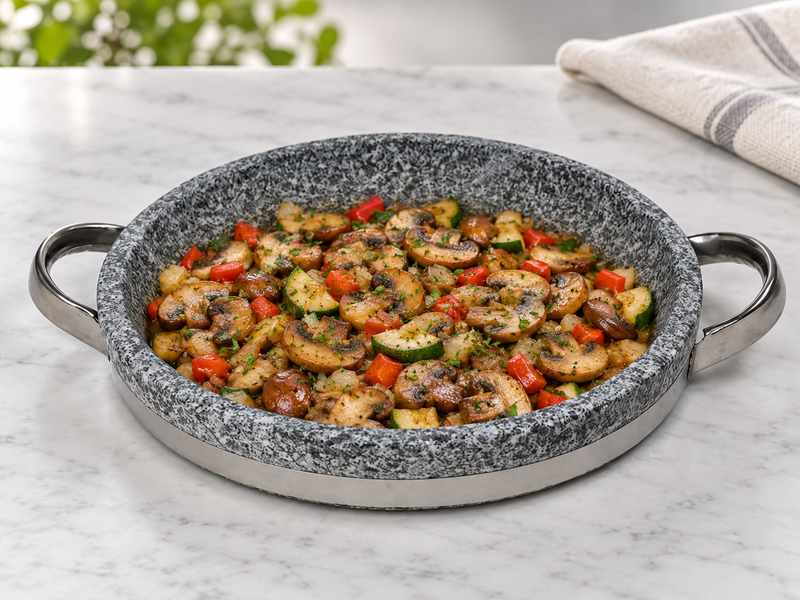DH-STPL-28 shallow stone casserole with a finished mushroom and vegetable dish