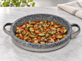 DH-STPL-28 shallow stone casserole with a finished mushroom and vegetable dish
