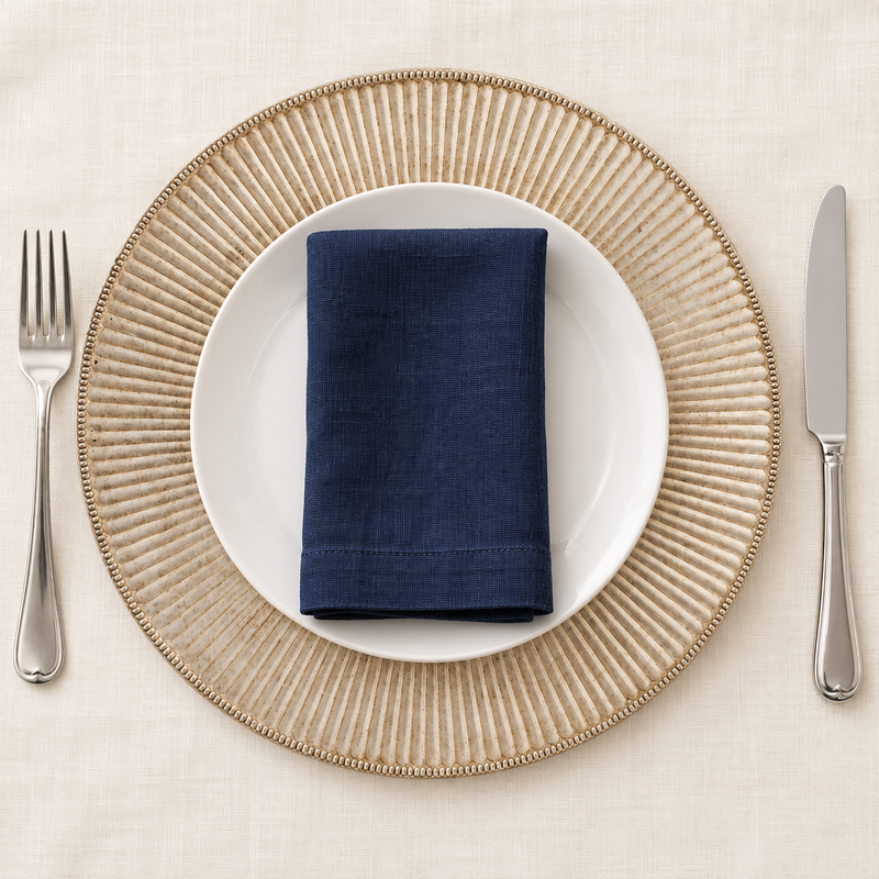 Antique silver charger beneath a separate white dinner plate and navy napkin