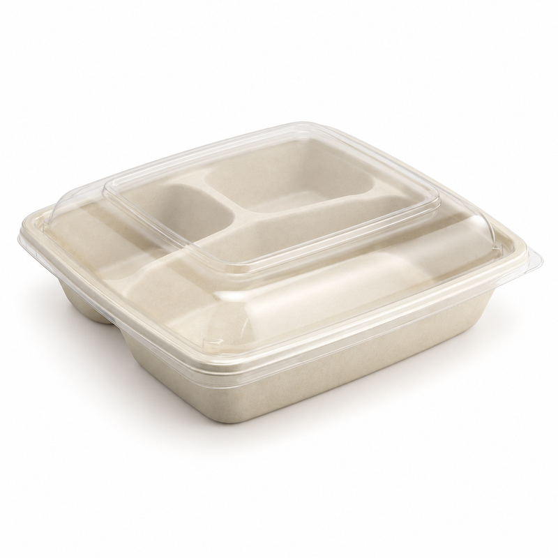 Empty three-compartment fiber container with clear lid in an elevated three-quarter view