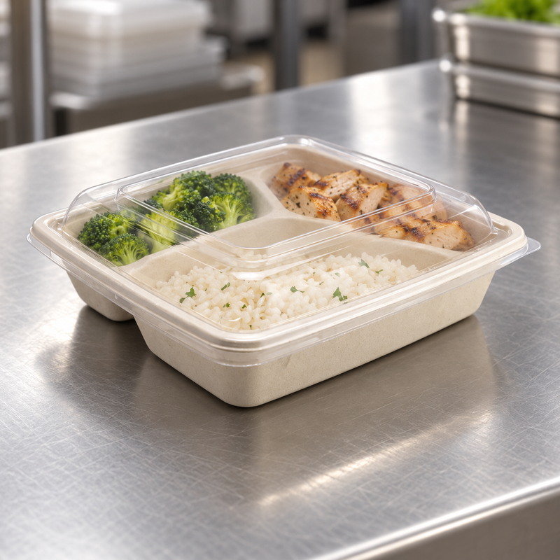 Three-compartment fiber to-go container with clear lid holding rice and two sides on a packing counter