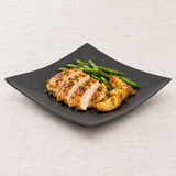 DB210-B black square plate with sliced chicken, green beans and potato wedges
