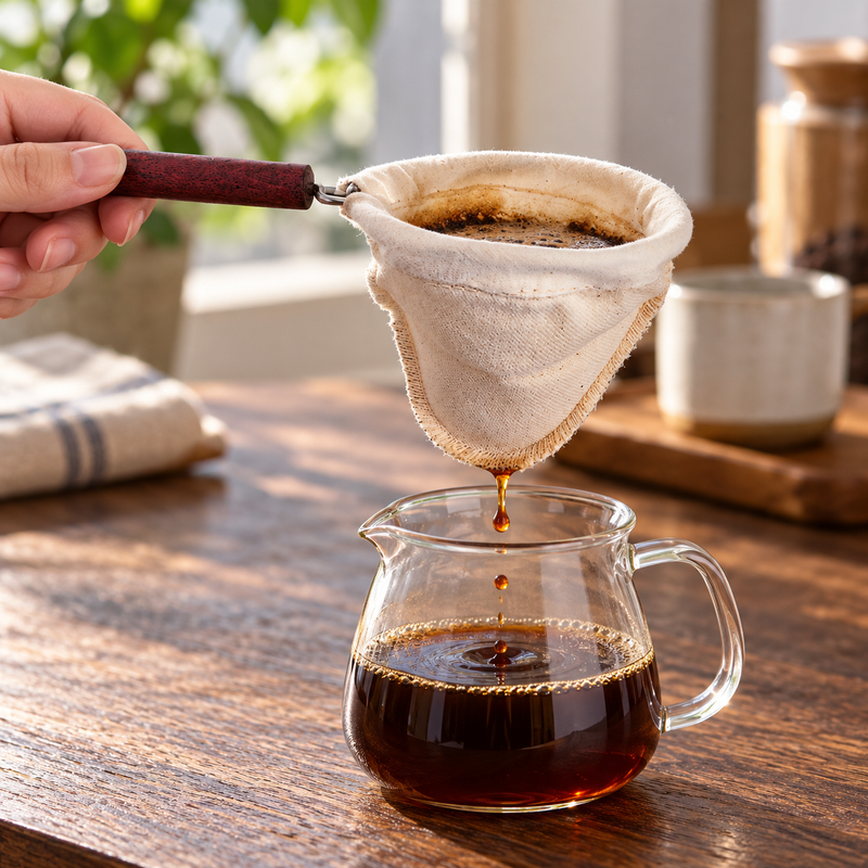 HARIO DFN-1 cotton flannel filter held by its wooden handle above a separate glass coffee server