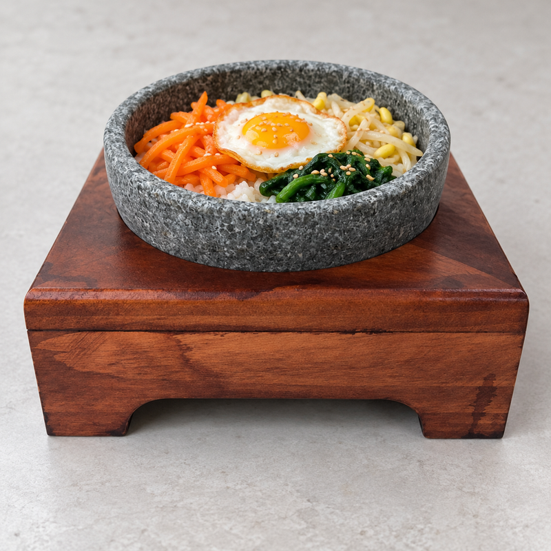 DH-STBWBX18 wooden base shown with a separate stone bowl serving bibimbap