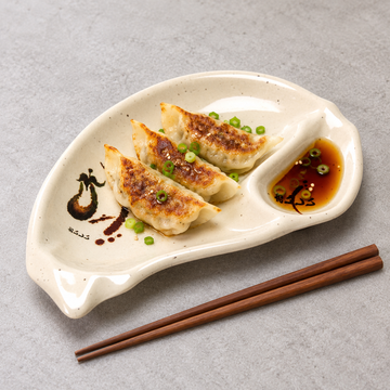 E09-E: Melamine Half Moon 2-Compartment Plate 8-1/2", Eggplant. Restaurant serving context