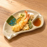 Tempura with dipping sauce in the beige and green E09-M two-compartment half-moon plate