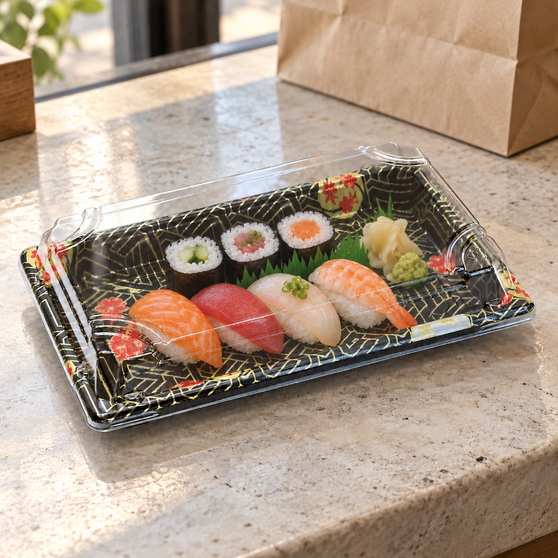 ED-07 Kamon sushi container with clear lid in a pickup setting