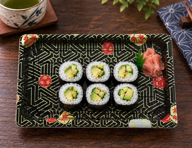 ED-07 Kamon sushi tray serving maki on a wooden dining table