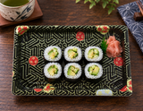 ED-07 Kamon sushi tray serving maki on a wooden dining table