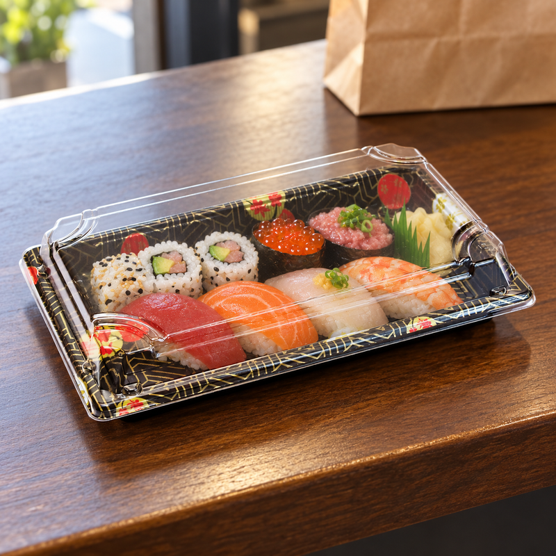 ED-09 Kamon sushi takeout tray with clear lid on a pickup counter