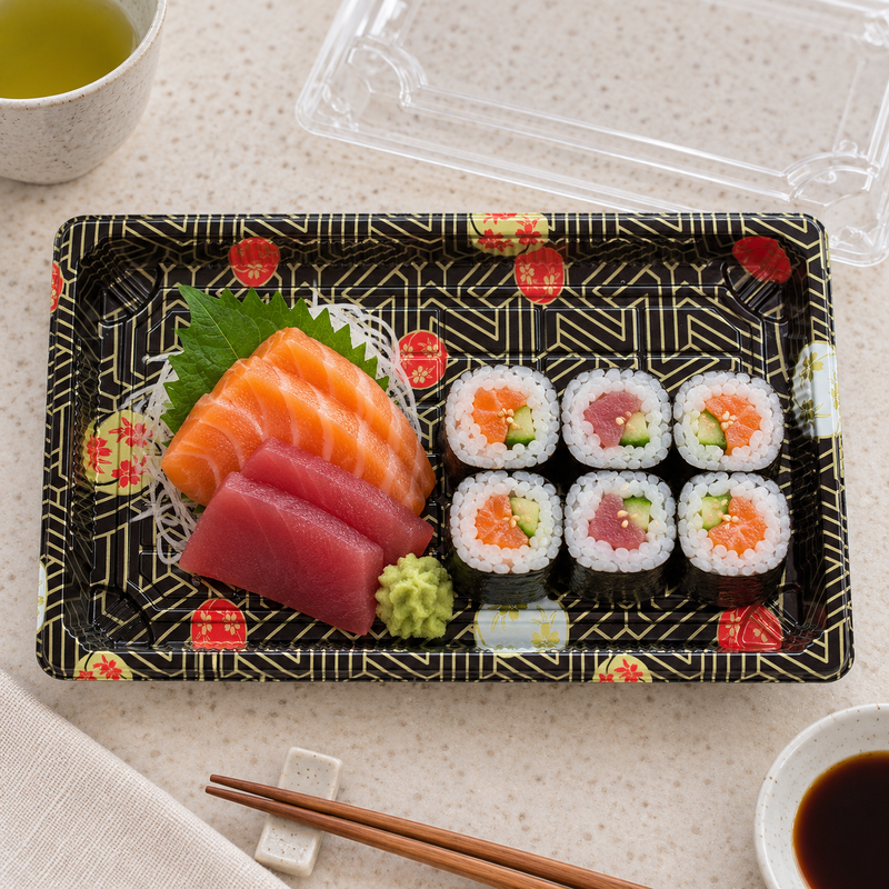 ED-09 Kamon sushi tray with sashimi and maki in a restaurant lunch setting
