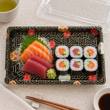 ED-09 Kamon sushi tray with sashimi and maki in a restaurant lunch setting
