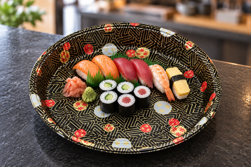 ED-64 party tray with sushi in a restaurant setting