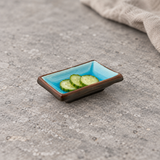 FB107 turquoise sauce dish with cucumber pickles