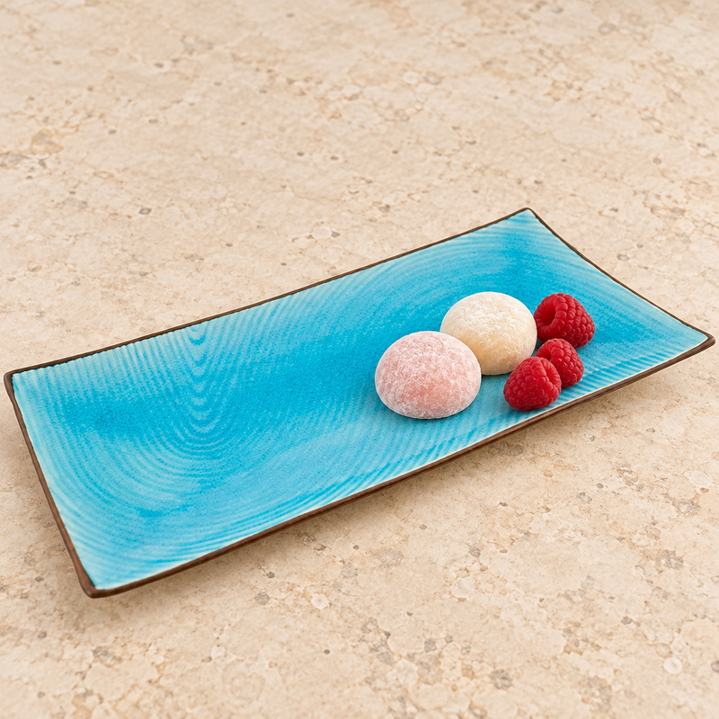 FB281 turquoise ridged platter with mochi and raspberries