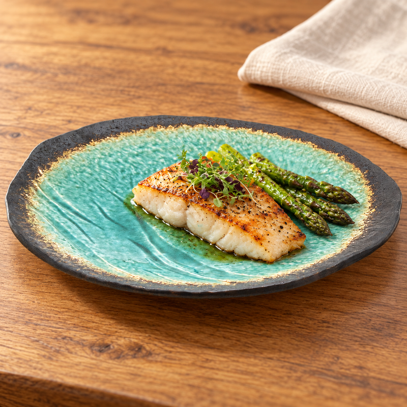FDKG-1 turquoise ceramic plate with fish and asparagus