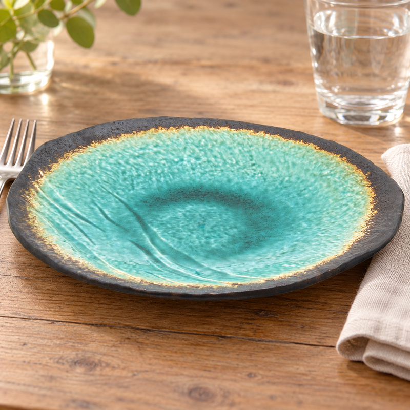 FDKG-1 turquoise and aqua plate with a fork, water glass and folded linen in a place setting