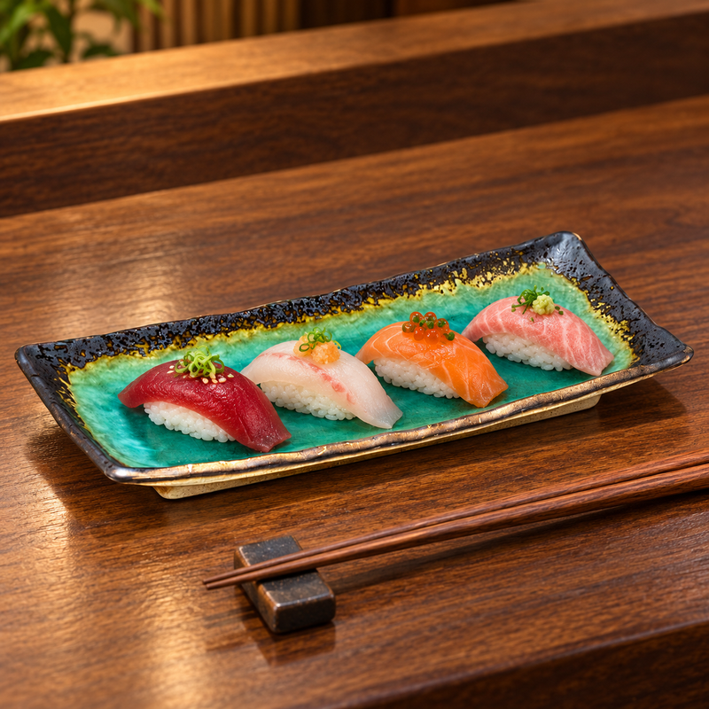 FDKG-10 turquoise ceramic plate with a small sushi assortment