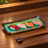 FDKG-10 turquoise ceramic plate with a small sushi assortment