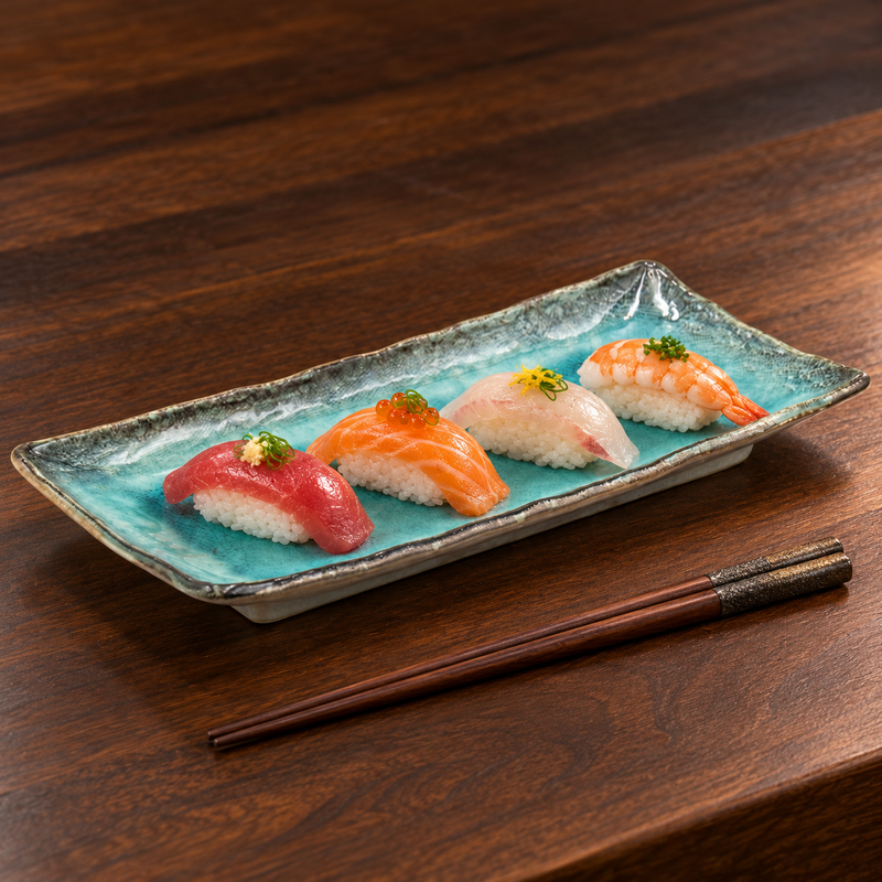 FDKN-10 turquoise ceramic plate with a small sushi assortment