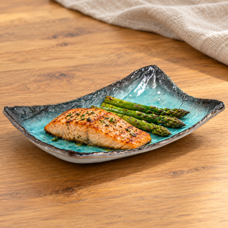FDKN-9 turquoise ceramic plate with salmon and asparagus