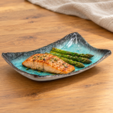 FDKN-9 turquoise ceramic plate with salmon and asparagus